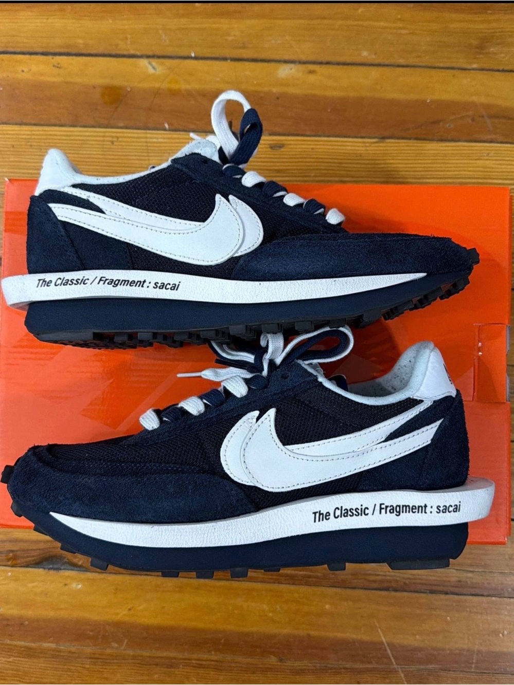 Nike Fragment and Sacai collab. Navy and White Layered Swoosh Runner Sneakers